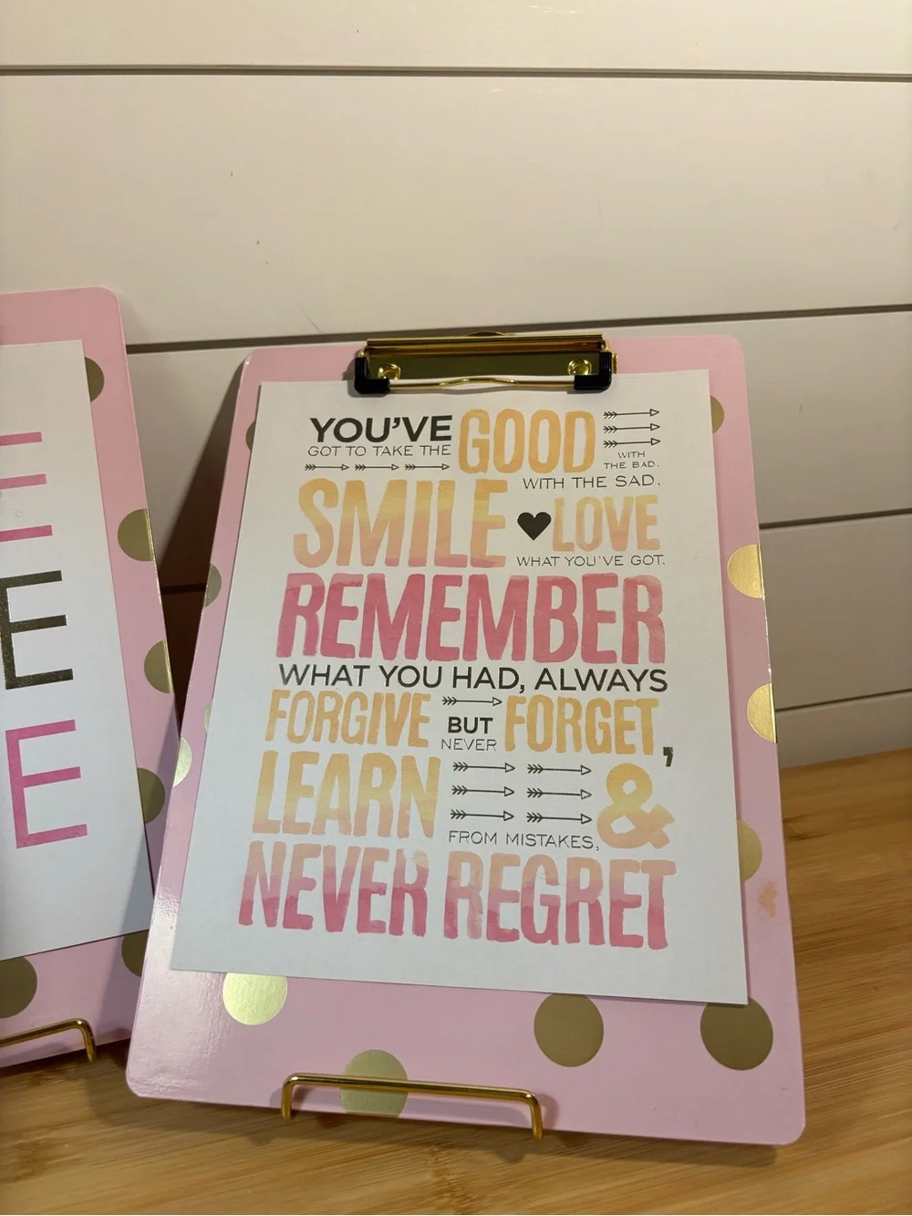 Trio of Pink & Gold Polka Dot Clipboards with Removable Inspirational Qoutes